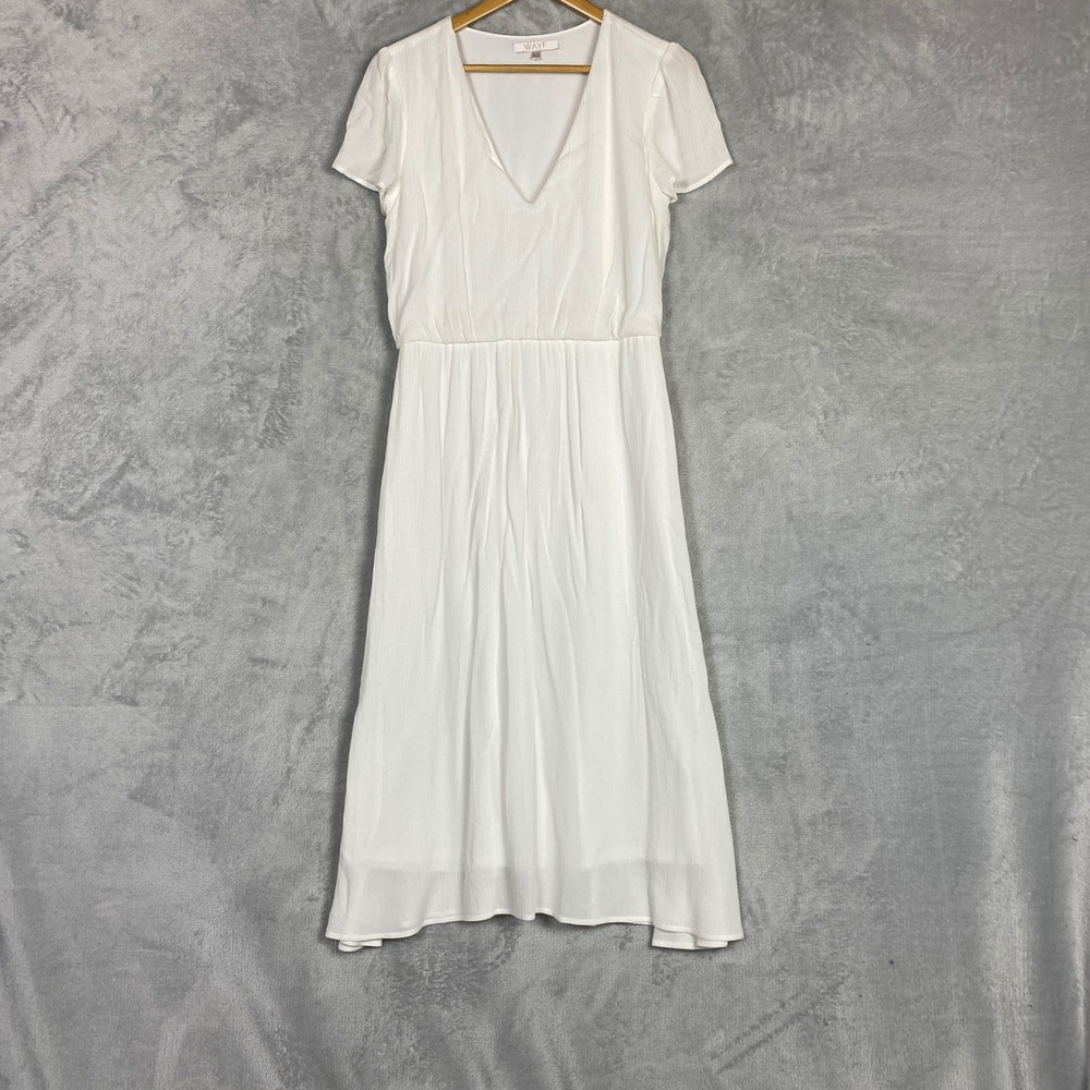 WAYF White V-Neck Short Sleeve Elastic Waist Midi Dress Size S Coastal Wedding